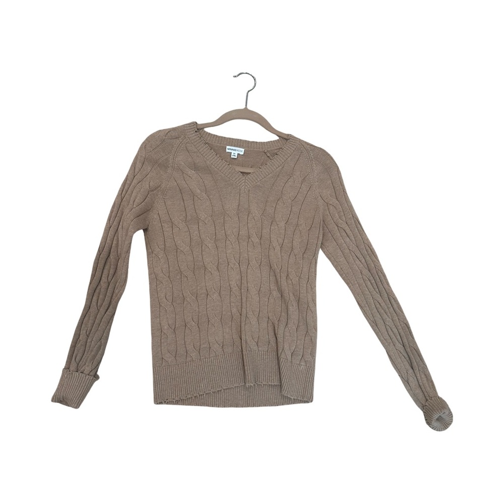 Minnie Rose V-Neck Cable Knit Sweater - Brown